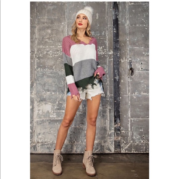 Off-Shoulder Deep V-Neck Distressed Sweater - Picture 2 of 4